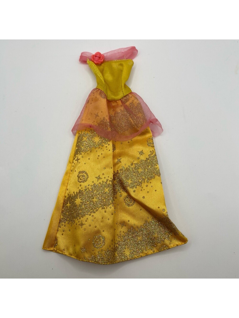 Vintage 1999 Disney Belle 's  Gold Satin Shimmer Ball Gown Pink Tulle Waist B2